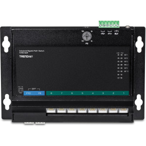 TRENDnet TI-PG102F 10-Port Gigabit Ethernet Front Access Switch, 8 Gigabit PoE+ and 2 Gigabit SFP ports, 20 Gbps switching capacity, DIN-rail/Magnet